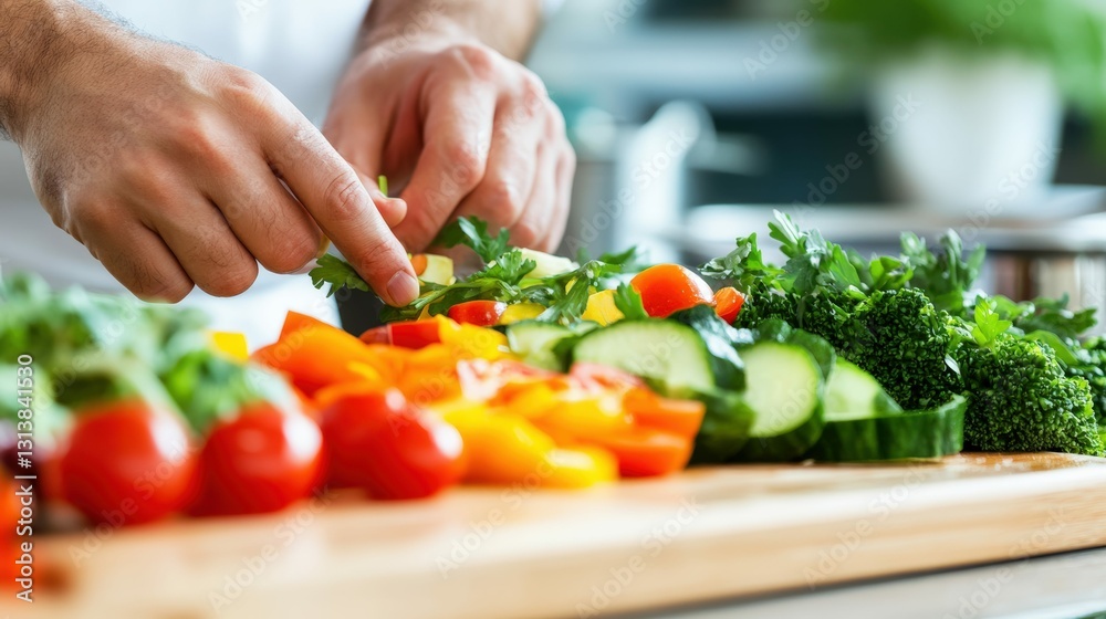 Chef preparing fresh vegetable salad with colorful ingredients in a modern kitchen setting Chef preparing fresh vegetable salad with colorful ingredients in a modern kitchen setting