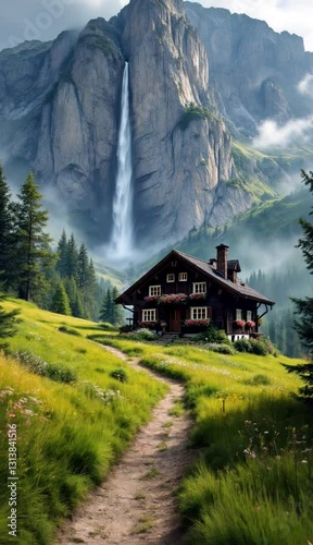 Scenic Mountain House with Waterfall and Lush Greenery – Peaceful Nature Landscape