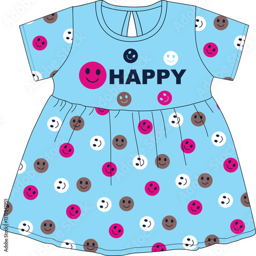 baby girls frocks with happy icon print illustrations vector art design