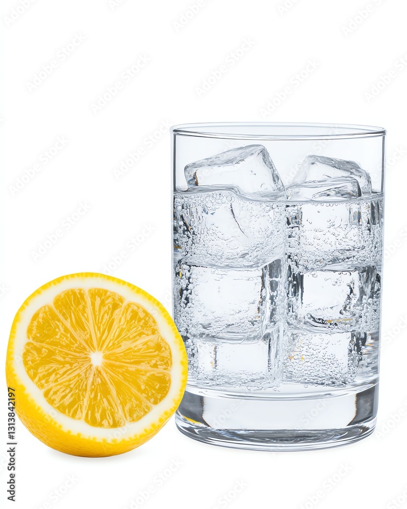 Refreshing Lemon Water with Ice Cubes in Glass on White Refreshing Lemon Water with Ice Cubes in Glass on White