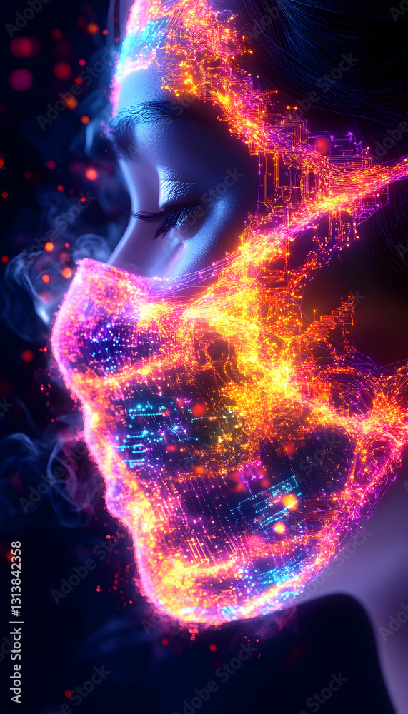 Fiery, digital face mask on a woman's face, glowing with vibrant colors and particles Fiery, digital face mask on a woman's face, glowing with vibrant colors and particles