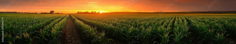 Fototapeta premium Sunset over lush cornfield