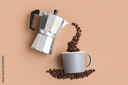Geyser coffee maker, cup and beans on beige background. Top view