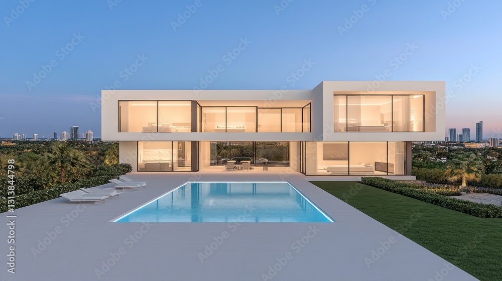 Fototapeta premium Modern Luxury Villa with Infinity Pool and City Views