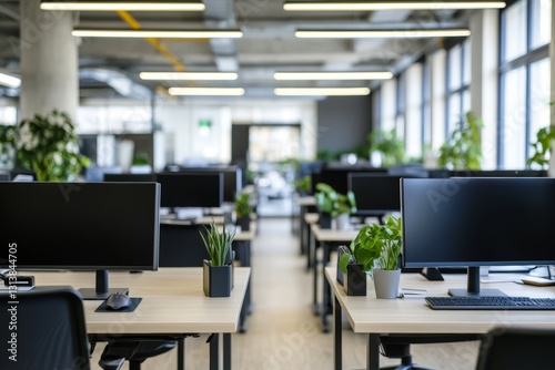 Modern Open Office with Computers and Greenery Enhancing Productivity and Comfort