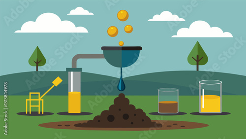 The process of transforming the thick murky oil extracted from the ground into a smooth clear substance through various refining and filtration ods.. Vector illustration