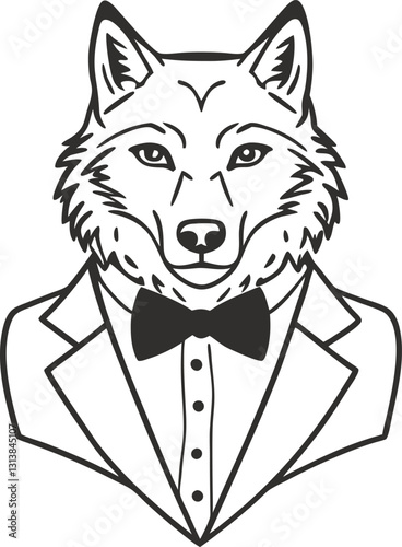 Wolf in a suit stylish wolf illustration in a tuxedo animal portrait with bow tie in modern line art