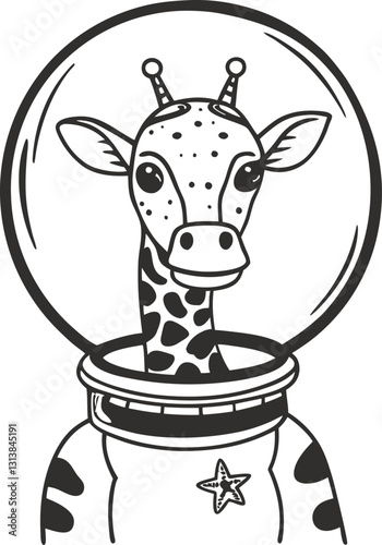 Giraffe in space suit illustration whimsical cosmic adventure with star, black and white design