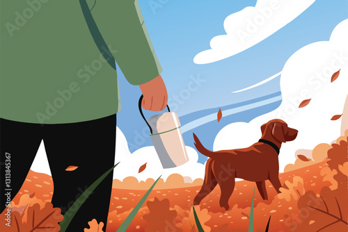 A person bundled in a chunky knit sweater strolls through a snowy park, leash in hand, walking a fluffy golden retriever.