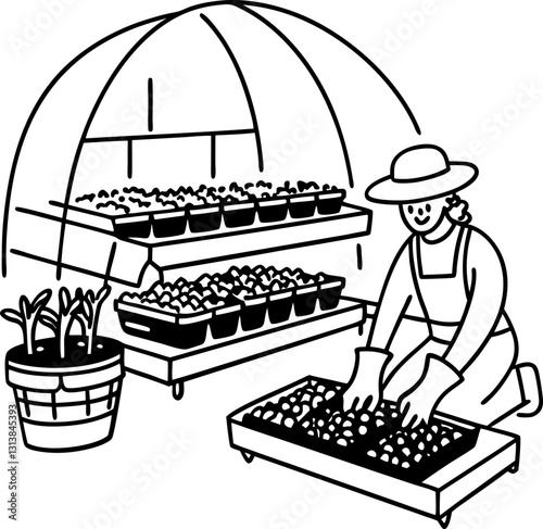 Gardener planting seeds in greenhouse urban farming, sustainable agriculture seedlings, horticulture, eco friendly gardening