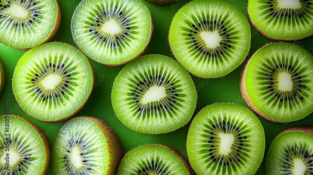 Simple yet striking kiwi flatlay emphasizing bright green hues and radial seed patterns Simple yet striking kiwi flatlay emphasizing bright green hues and radial seed patterns