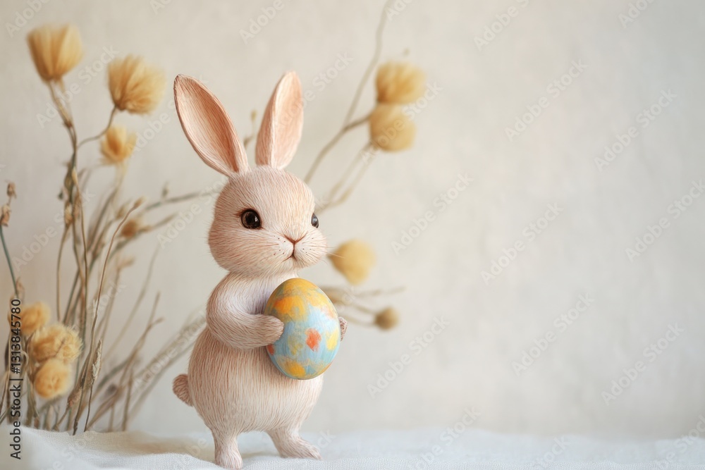 Obraz premium Charming rabbit holds colorful egg amidst delicate spring flower