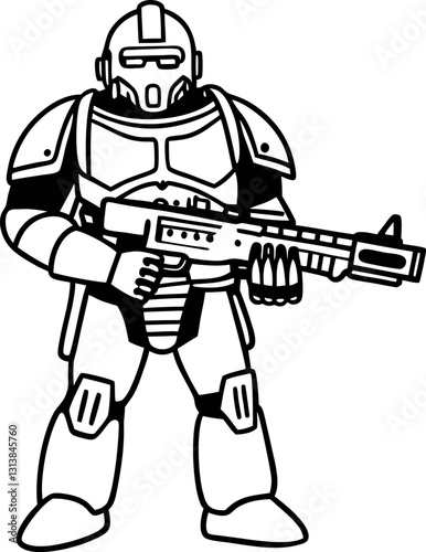 futuristic armored soldier with laser gun robotic exosuit warrior, standing guard in high tech combat gear