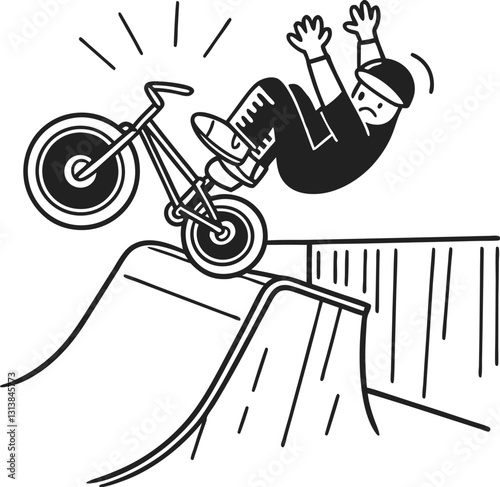 Bmx rider falling off bike on ramp extreme sport, skate park accident illustration