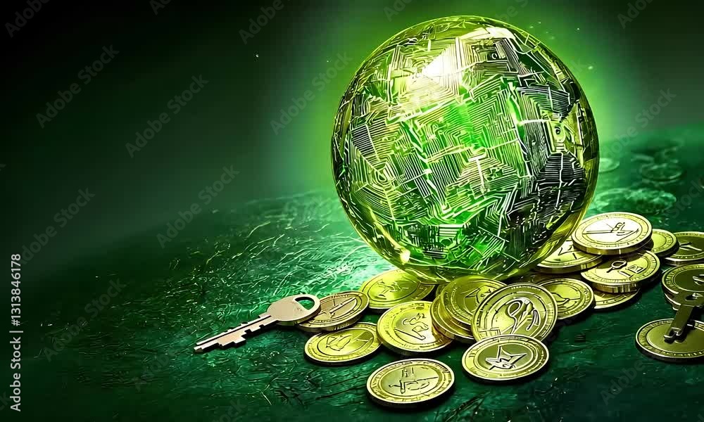 Cryptocurrency Digital Key: Global Finance Sphere and Golden Coins