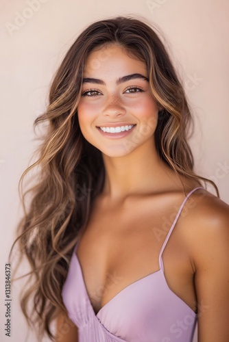 woman wavy brunette hair pastel lilac dress soft light