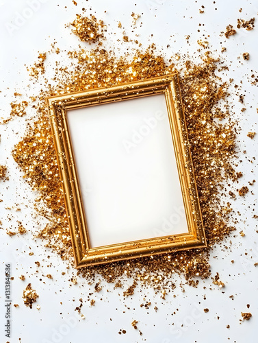 Gold frame nestled in glittering gold confetti on white background