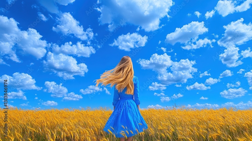 Obraz premium Golden Fields and Azure Skies: A Woman's Journey