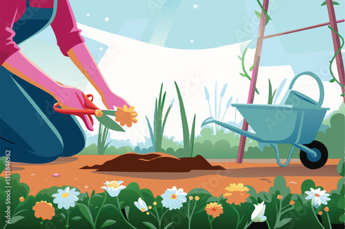 A person kneels amidst vibrant, lush garden foliage, hands deeply buried in rich soil, tending plants.
