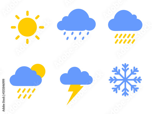 Weather Icon Set – Sun, Cloud, Rain, Snow, and Lightning Flat Design Vector.