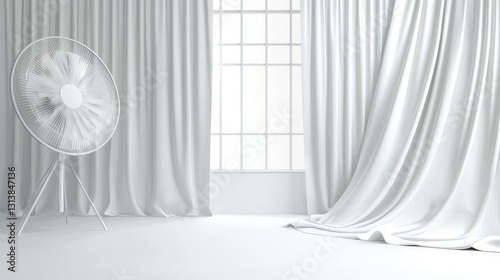 Cooling electronic fan in flowing white curtains modern room calm environment indoor viewpoint