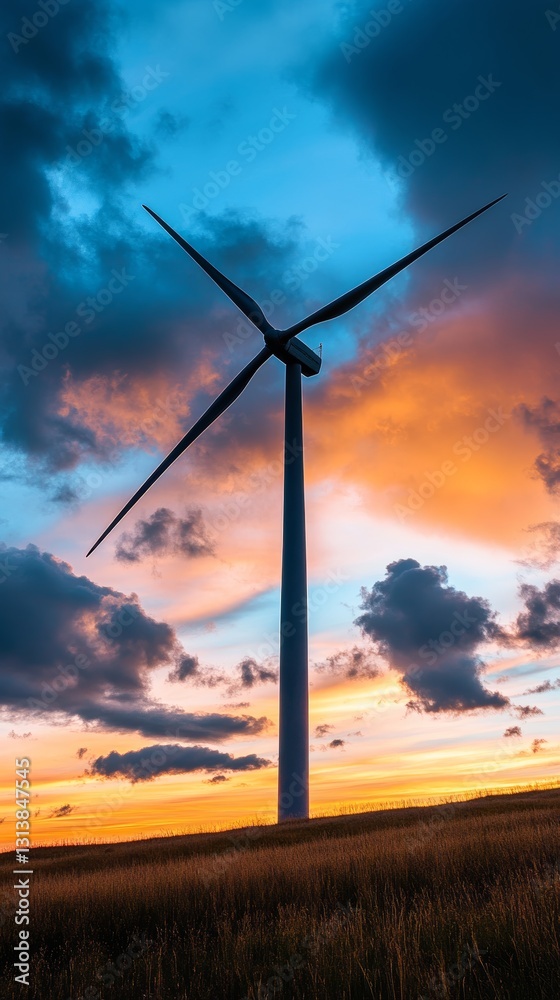 Obraz premium A striking silhouette of a wind turbine set against a breathtaking sunset sky. The vibrant colors blend beautifully, highlighting renewable energy in a serene landscape.
