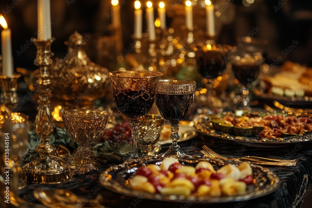 A table with a lot of food and drinks, including wine glasses and a bottle of wine. The table is set for a fancy dinner party A table with a lot of food and drinks, including wine glasses and a bottle of wine. The table is set for a fancy dinner party