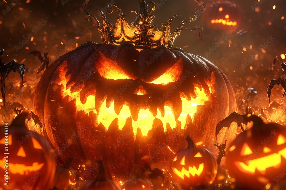 Fototapeta premium An eye-catching Halloween pumpkin with a menacing grin and fiery glow, surrounded by smaller pumpkins and bats, perfect for evoking a spooky atmosphere.
