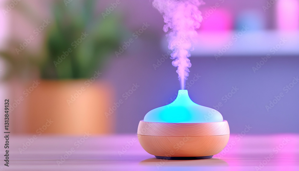 Illuminated diffuser emitting a calming mist, sitting on a table Illuminated diffuser emitting a calming mist, sitting on a table