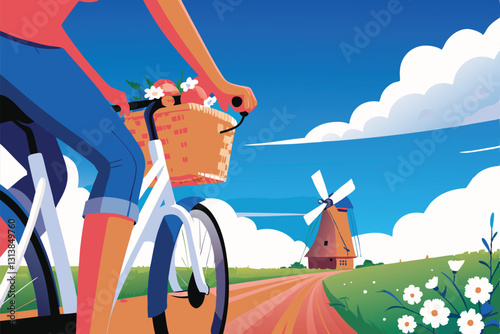 A cyclist navigates a scenic, winding country road, sunlight illuminating the path ahead.