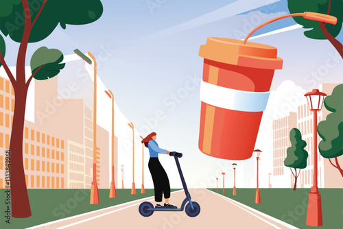 A young adult skillfully navigates a bustling city street on a sleek electric scooter, wearing a helmet.