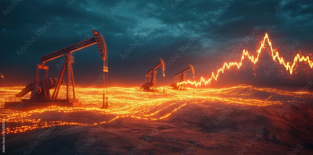 Fototapeta premium Oil pump jacks in the desert at sunset, casting a warm glow over the arid landscape.
