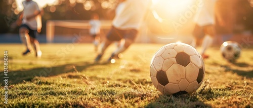 The sun sets behind a lively soccer game  focusing on a pristine ball on the lush green field foreground.
