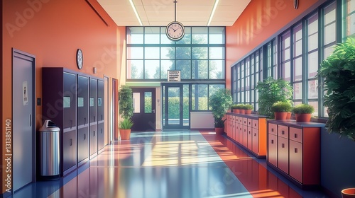 A colorful and well-lit school hallway featuring large windows  multiple doors  and sleek storage cupboards. Potted plants line the walls  a clock hangs aboVe.
