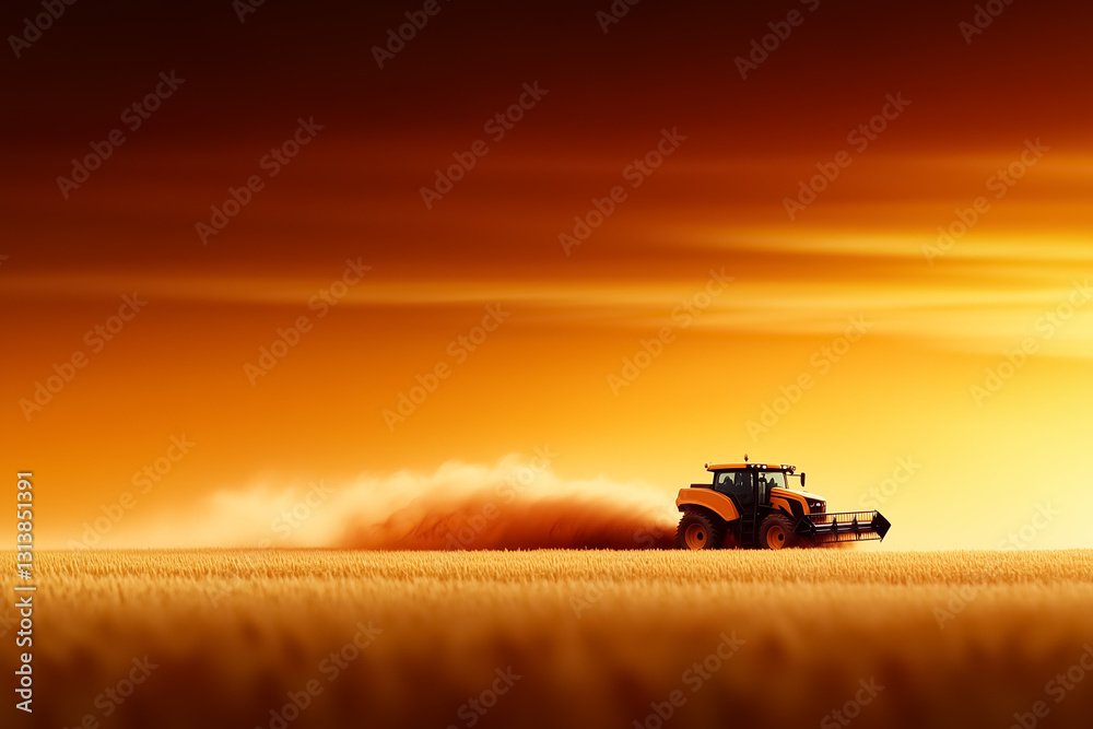 Fototapeta premium In a serene golden wheat field, a combine harvester skillfully moves through the swaying crops, creating a majestic dust cloud. Warm sunlight bathes the landscape in a tranquil glow