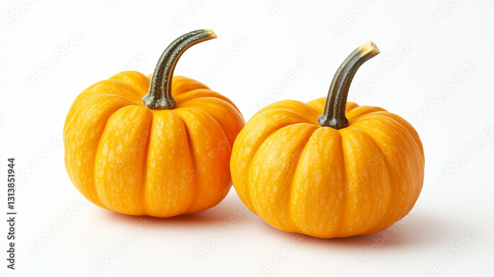 Fototapeta premium A pair of mini pumpkins are displayed on a white background, highlighting their charming, decorative appeal.