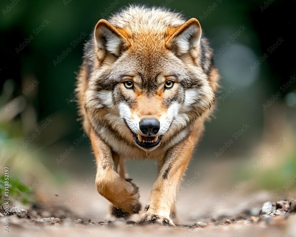 Majestic reddish-brown wolf approaching directly, intense gaze, paws on ground Majestic reddish-brown wolf approaching directly, intense gaze, paws on ground
