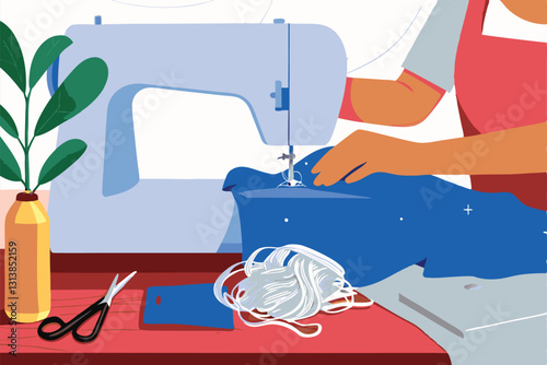 Close-up shot of hands meticulously sewing a colorful tote bag from repurposed old t-shirt fabric scraps, showcasing sustainable crafting.