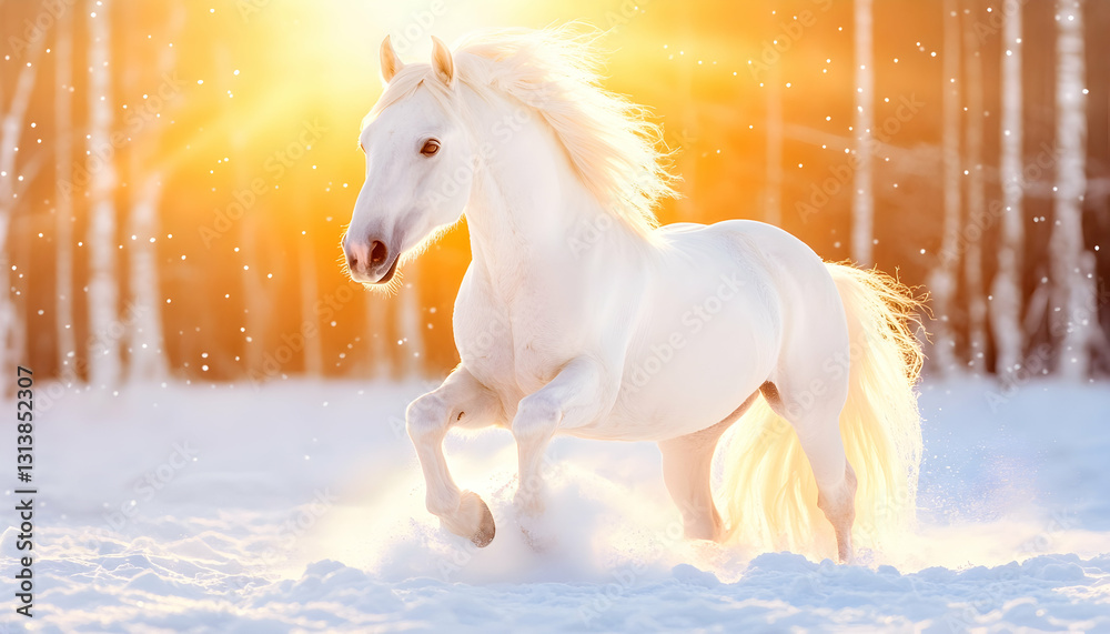 Naklejka premium Majestic white horse gallops through a sun-drenched snowy landscape