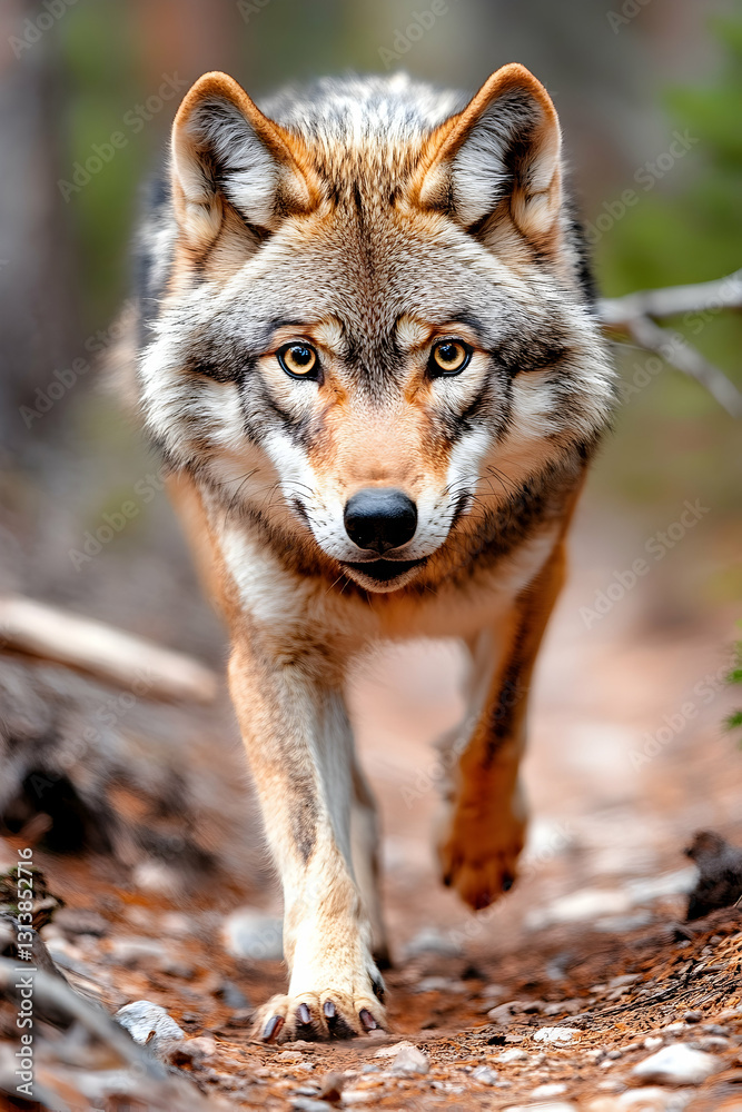 Majestic wolf approaching, intense gaze, forest path setting Majestic wolf approaching, intense gaze, forest path setting
