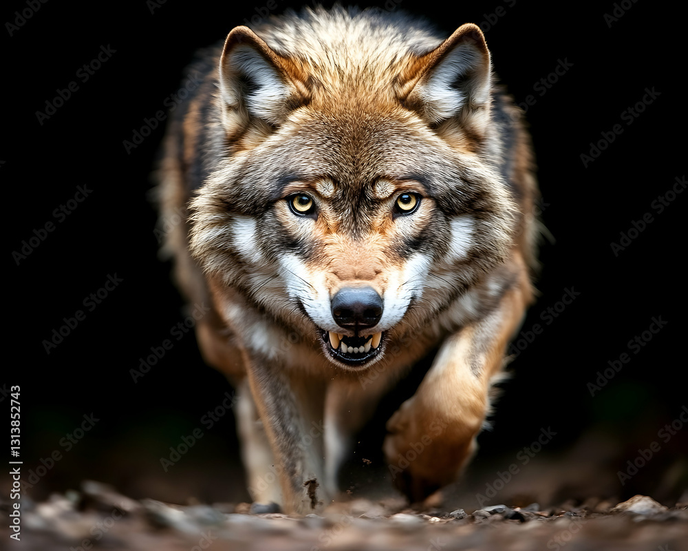 Fototapeta premium Majestic wolf approaching, intense gaze, dark background