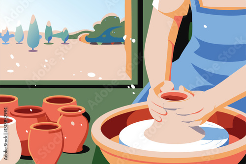 Close-up shot of hands skillfully shaping wet clay on a rotating pottery wheel, showcasing the artistry and precision of the process.
