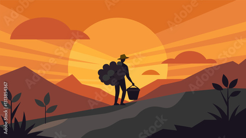 As the sun sets over the horizon a lone figure can be seen trudging home carrying their meager collection of coal.. Vector illustration