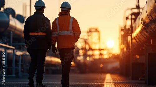 Workers walk along an industrial site as the sun sets behind pipes in the late evening