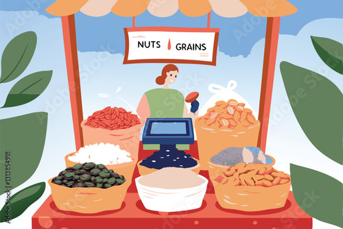 A customer carefully selects dried goods from overflowing bulk bins at a vibrant, bustling farmer's market stall.