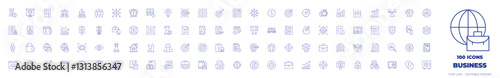 100 Business Icons Collection. Thin line icon. Editable stroke. Vector, wristwatch, worldwide, working, workflow, work, work from home, winner, website, wallet, tax