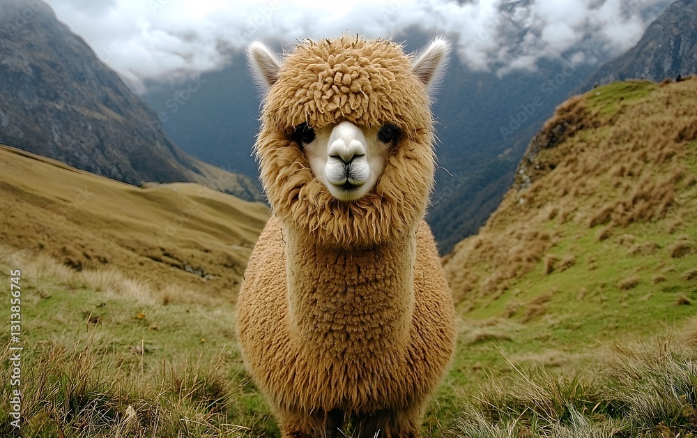 Fototapeta premium 57. A noble alpaca grazing in the mountains of Peru
