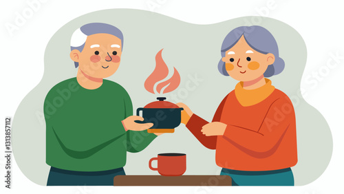 An elderly couple shares a cup of tea brewed on their trusted biomass stove the same one theyve used for decades to cook meals for their family.. Vector illustration