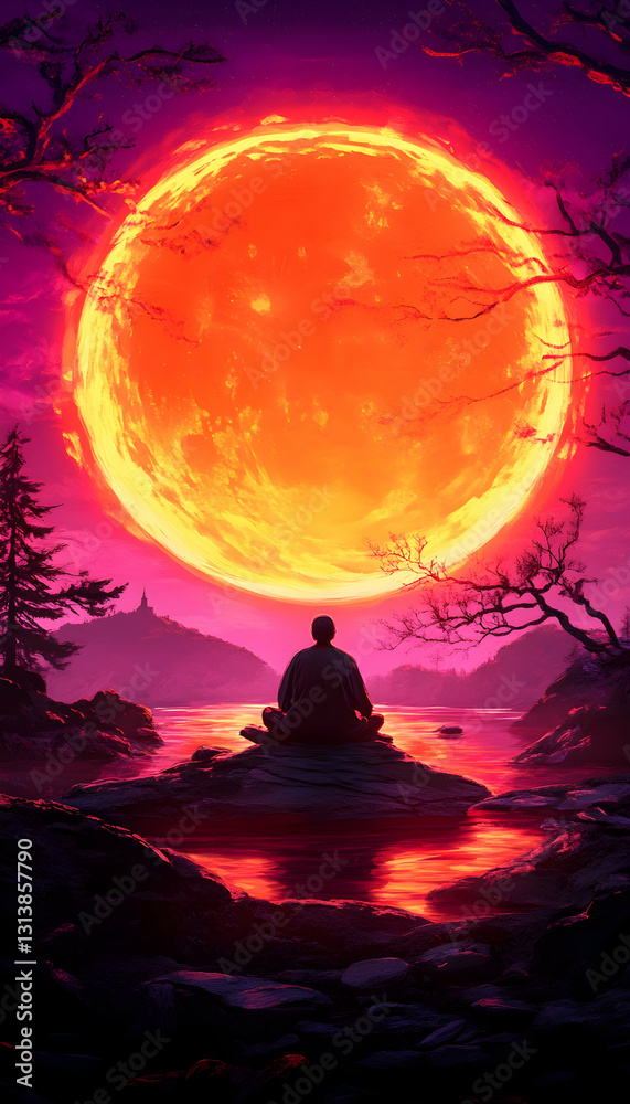 Serene figure meditates before a colossal, fiery celestial body at twilight Serene figure meditates before a colossal, fiery celestial body at twilight