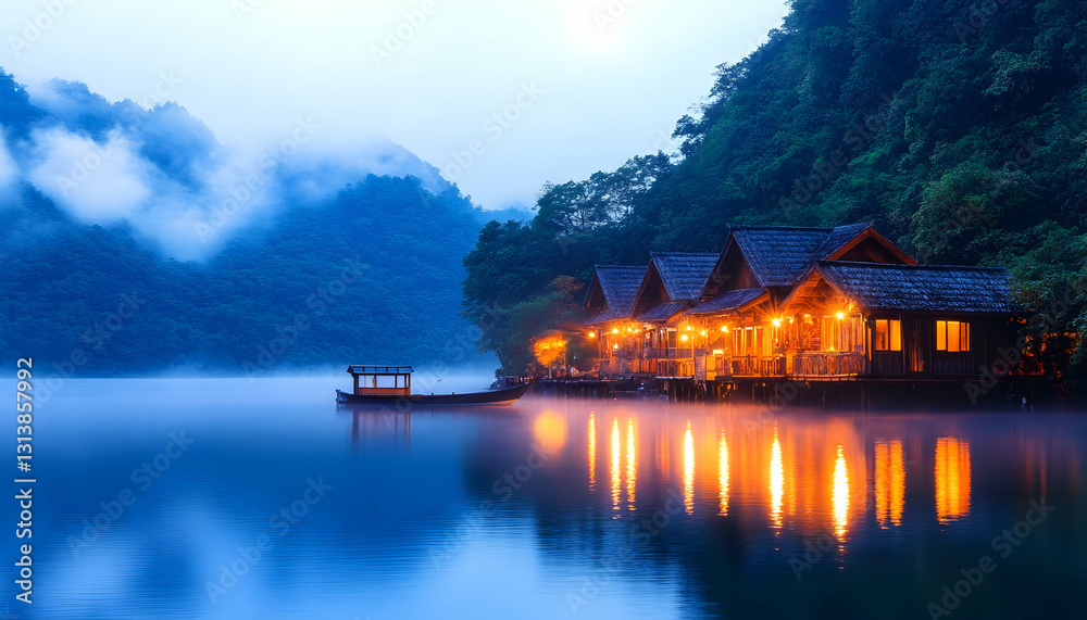 Fototapeta premium Serene lakeside houses illuminated at twilight, mist shrouding mountains